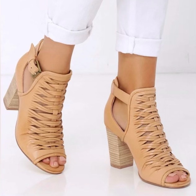 Braided Faux Leather Sand Block Belted Heel